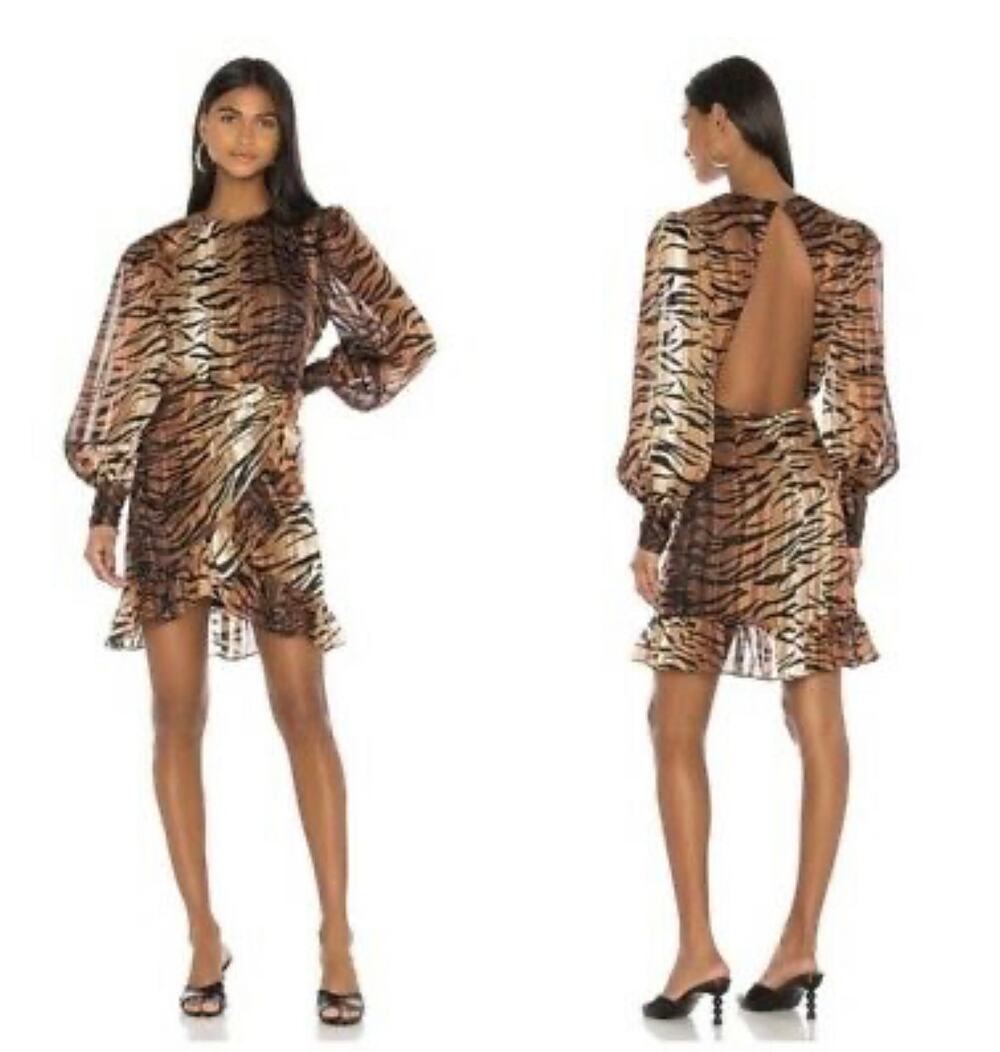 LPA Deidre Zebra Print Ruffle Open Back Long Sleeves Dress Medium